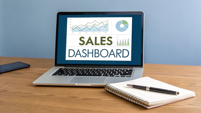 A laptop on a wooden desk displays a sales dashboard, alongside a smartphone and notebook.