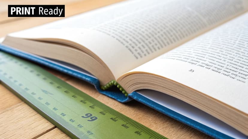 An open book with visible text and a green ruler, representing print-ready material.
