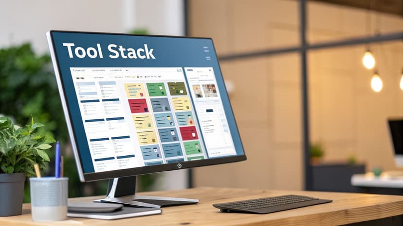 A computer monitor displays a "Tool Stack" application with colorful project management cards on a wooden desk.