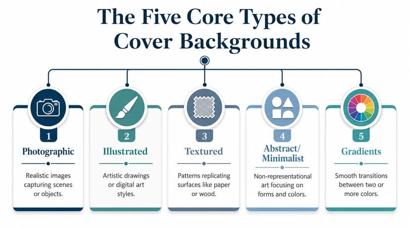 An infographic titled The Five Core Types of Cover Backgrounds showing photographic, illustrated, textured, abstract, and gradient designs.