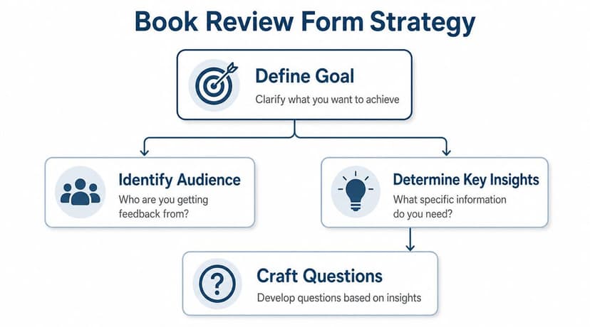 A flowchart diagram illustrating a four-step strategy for creating an effective book review form.