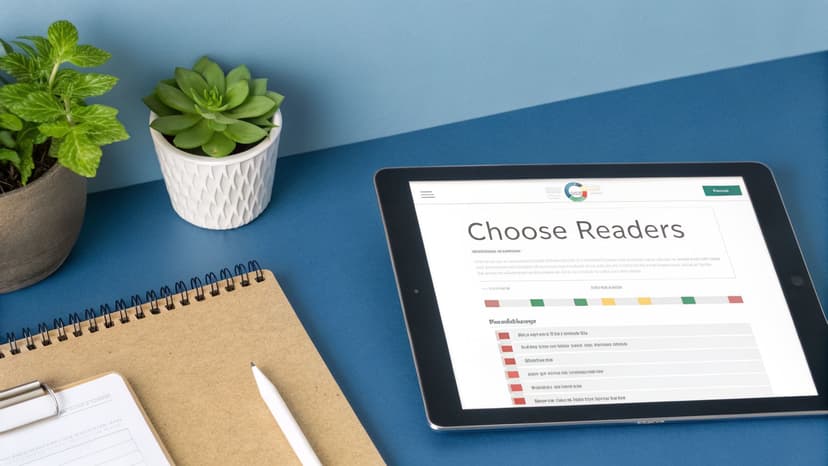 A clean blue desk setup featuring two potted plants, a spiral notebook, a pen, and a tablet displaying a webpage.