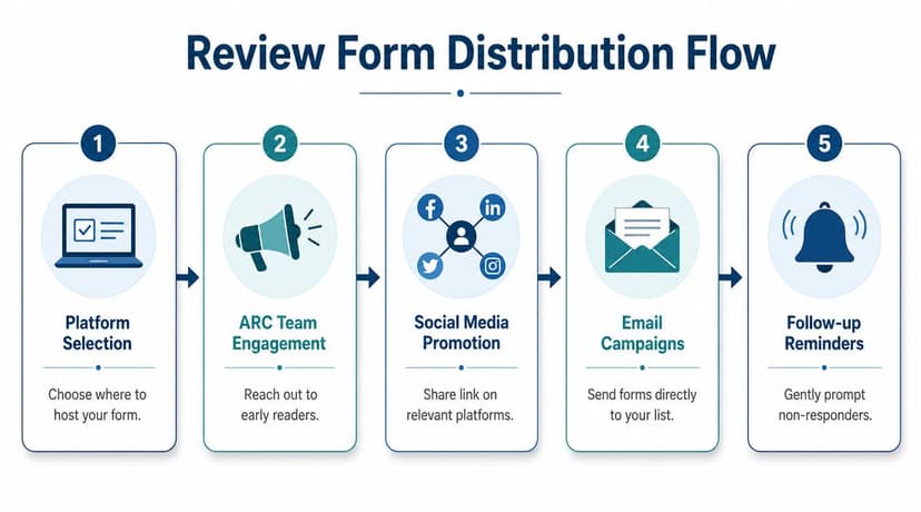 A five-step infographic flow chart illustrating the process for distributing book review forms to readers.