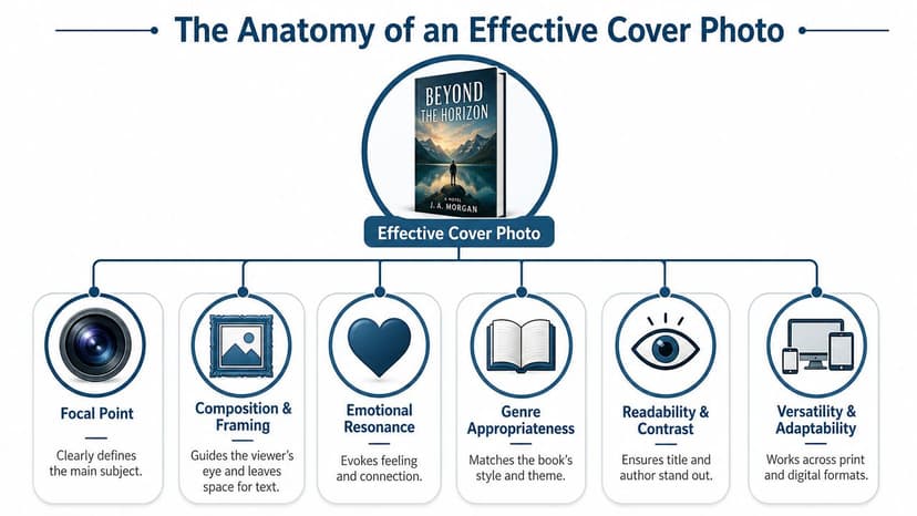A diagram titled The Anatomy of an Effective Cover Photo illustrating six key elements for book covers.