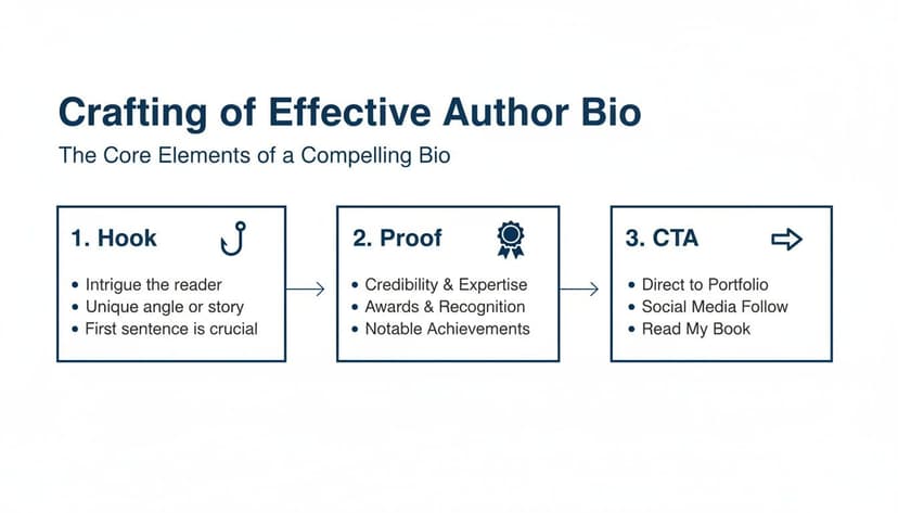 Flowchart outlining three essential steps for crafting an effective author bio: Hook, Proof, and Call to Action.