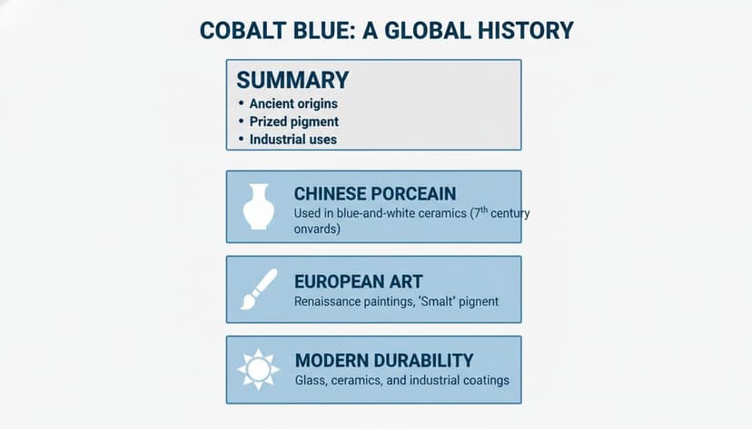 An infographic detailing the global history of cobalt blue, from ancient origins to modern industrial uses.