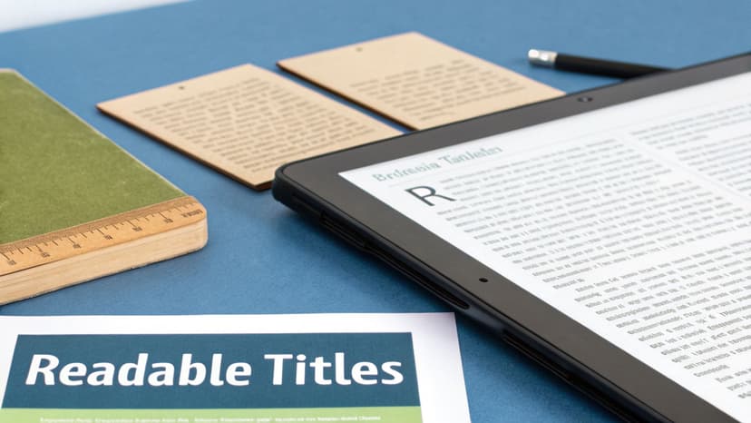 A close-up of an e-reader displaying an article, a green notebook, and papers on a blue desk.