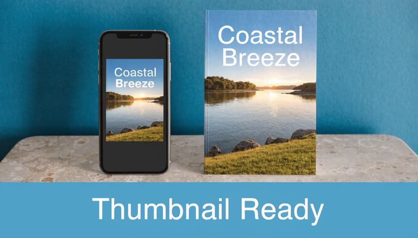 A smartphone and a book both displaying a scenic sunset over a calm lake landscape image.