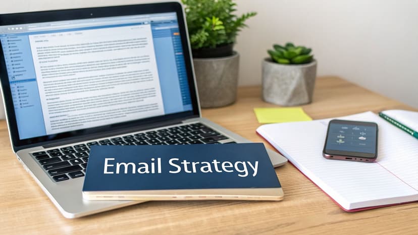 A desk with a laptop displaying an email client, an 'Email Strategy' book, a phone, and plants.