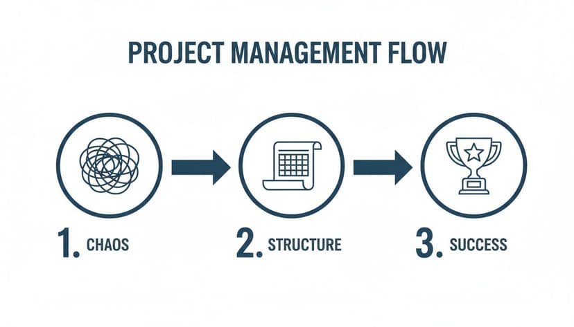 A project management flow diagram showing chaos transforming into structure, leading to success.