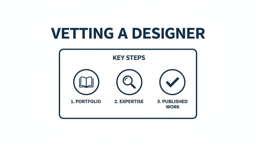 Vetting a designer involves key steps: reviewing their portfolio, expertise, and published work.