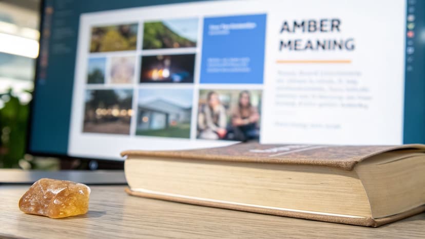 A raw amber crystal and an old book on a wooden desk, with a monitor displaying 'AMBER MEANING'.