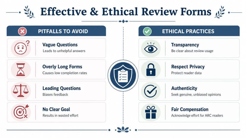 An infographic comparing common pitfalls and ethical best practices for creating book review forms.