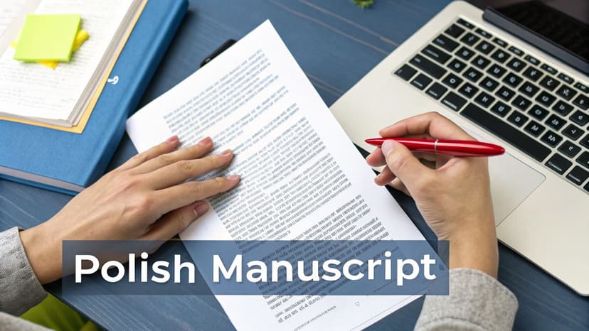 A person's hands reviewing a manuscript with a red pen and laptop on a blue desk.