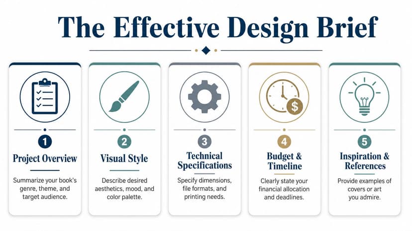 An infographic titled The Effective Design Brief outlining five key steps for creating a book cover.