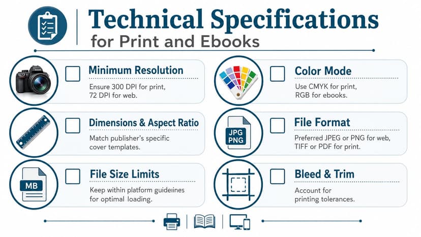 An infographic detailing technical specifications for print and ebook covers, including resolution, color modes, and file formats.
