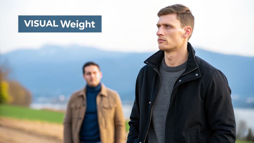 A man in a black jacket and gray sweater, looking thoughtfully right, with another man blurred in the background, text 'VISUAL Weight'.