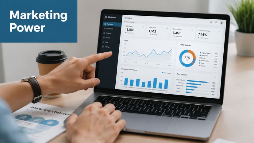 A marketing professional analyzing digital dashboard data on a laptop while reviewing a marketing strategy document.