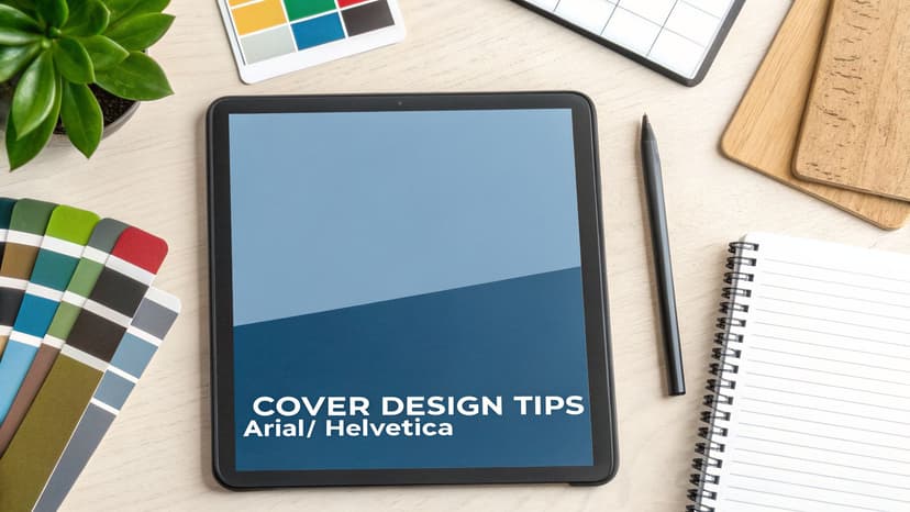 Overhead view of a design workspace with a tablet displaying design tips, color swatches, and office supplies.