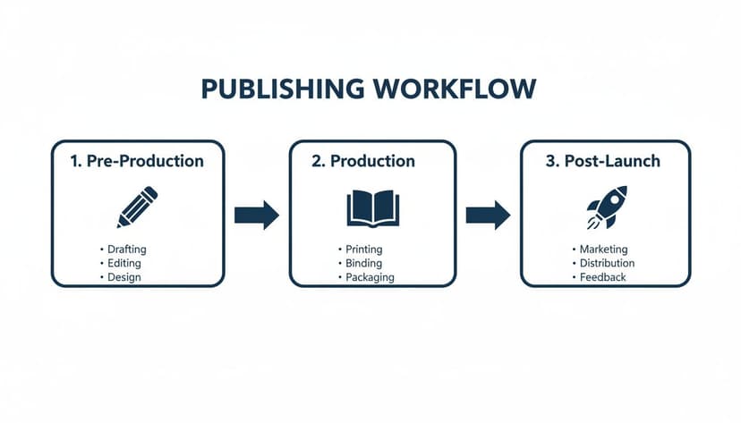 A publishing workflow diagram outlining pre-production, production, and post-launch stages with key tasks.