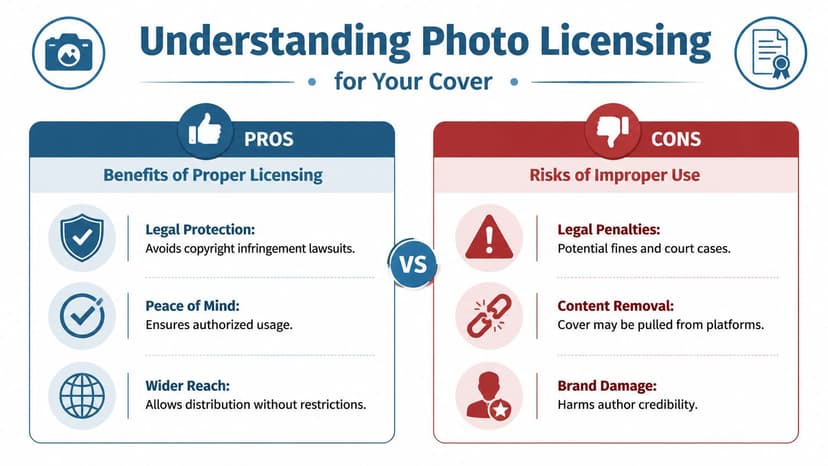 An infographic comparing the pros of proper photo licensing and the cons of improper usage for book covers.