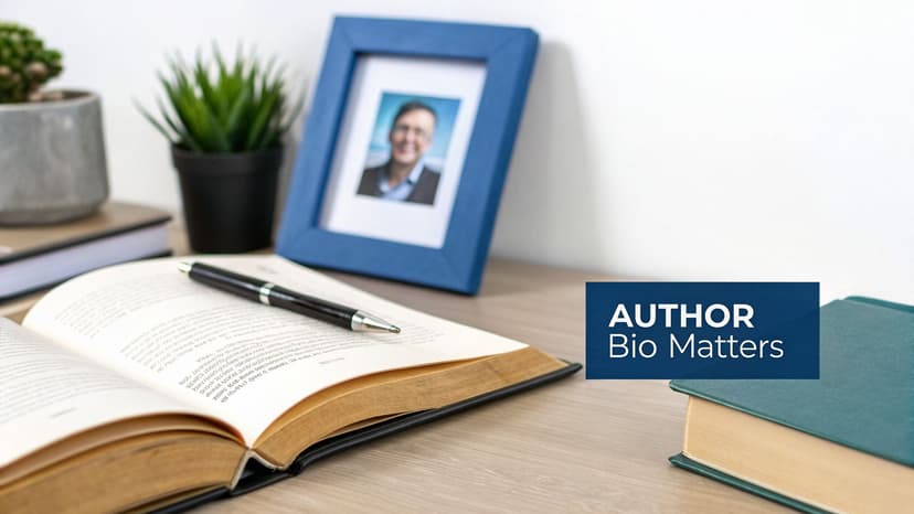 A well-organized desk with an open book, pen, framed photo, plants, and 'AUTHOR Bio Matters' text.