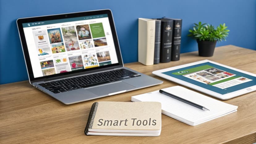 A modern workspace with a laptop, tablet, books, a plant, and notebooks on a wooden desk.