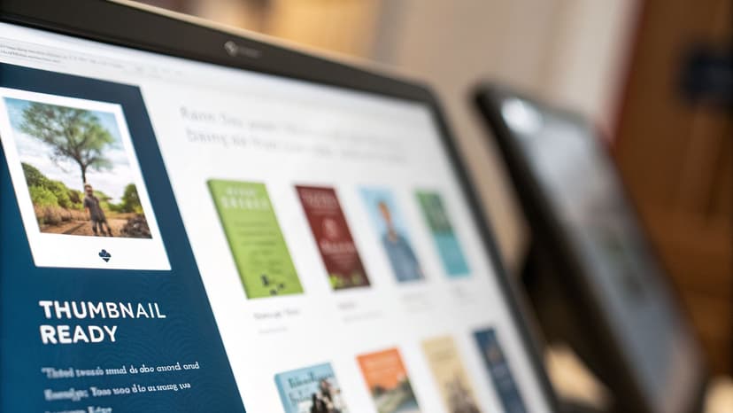 A close-up shot of a laptop screen displaying a website with a person under a tree and multiple book covers.