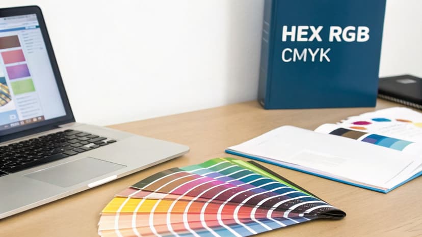 A graphic designer's desk with a laptop, color swatch fan, and a book on HEX RGB CMYK.