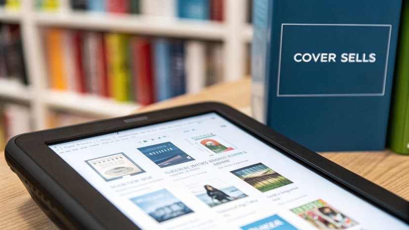 Close-up of an e-reader displaying various book covers, with a "COVER SELLS" book in a library background.