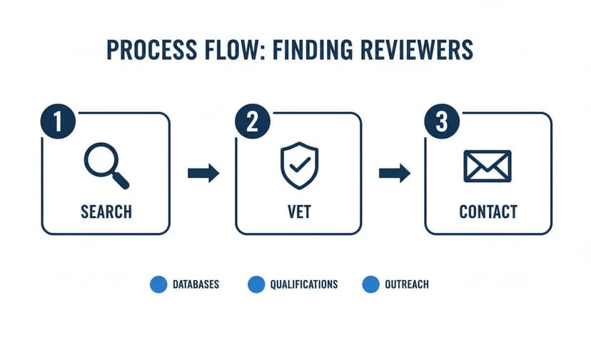 Process flow diagram illustrating three steps for finding reviewers: search, vet, and contact.