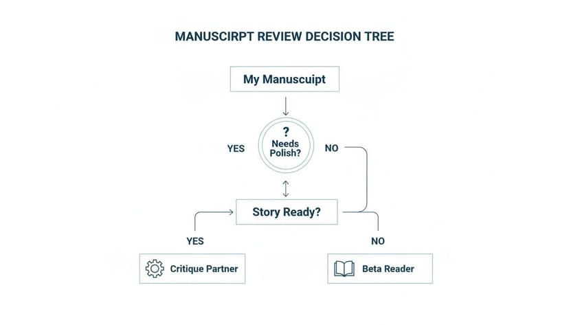 Flowchart detailing a manuscript review decision tree, guiding authors through polishing and story readiness steps.
