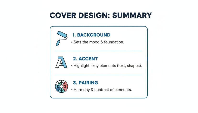 A summary slide outlining three key cover design principles: background, accent, and pairing, with icons.