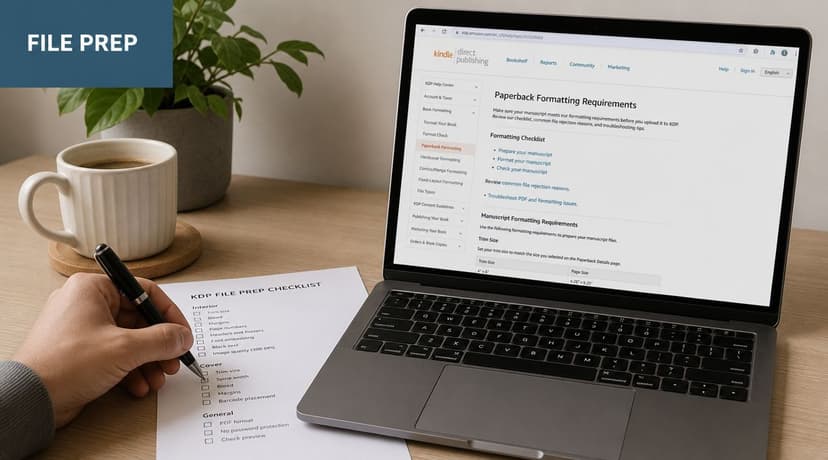 A person checking off items on a KDP file preparation checklist next to a laptop.