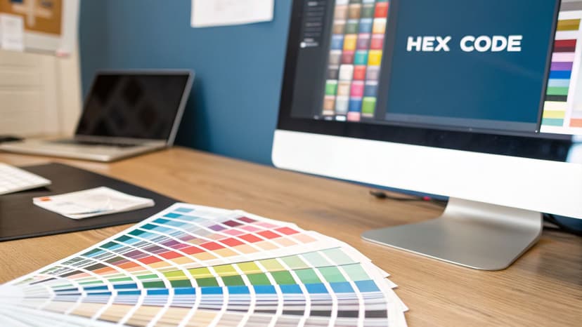 A designer's desk with a computer monitor showing color palettes and 'HEX CODE' on screen, with color swatch books spread out.