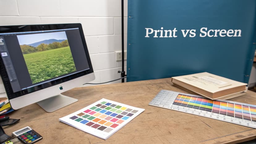 A desktop monitor shows a landscape image next to color swatches and calibration tools, highlighting print vs screen accuracy.