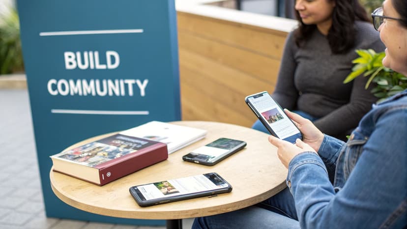 A woman scrolls on her smartphone at a table with books and other phones, near a "BUILD COMMUNITY" sign.