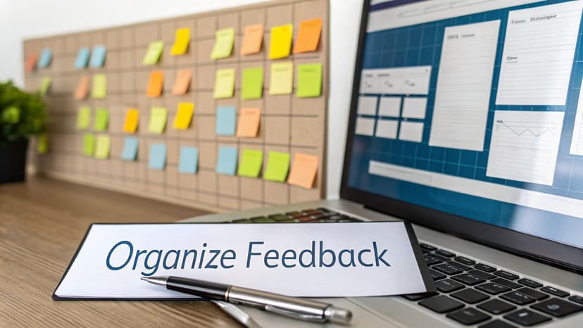 A paper reading 'Organize Feedback' with a pen, a laptop, and a sticky note board in the background.