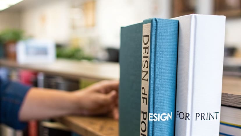 Close-up of book spines reading 'DESIGN OF POWER' and 'DESIGN FOR PRINT' on a wooden shelf, with a person's hand nearby.