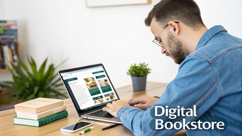 A man with glasses types on a laptop at a desk with books, a phone, and pens.