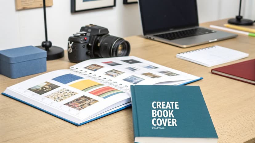 A creative workspace with a camera, laptop, an open book with images, and a closed book saying "CREATE BOOK COVER."