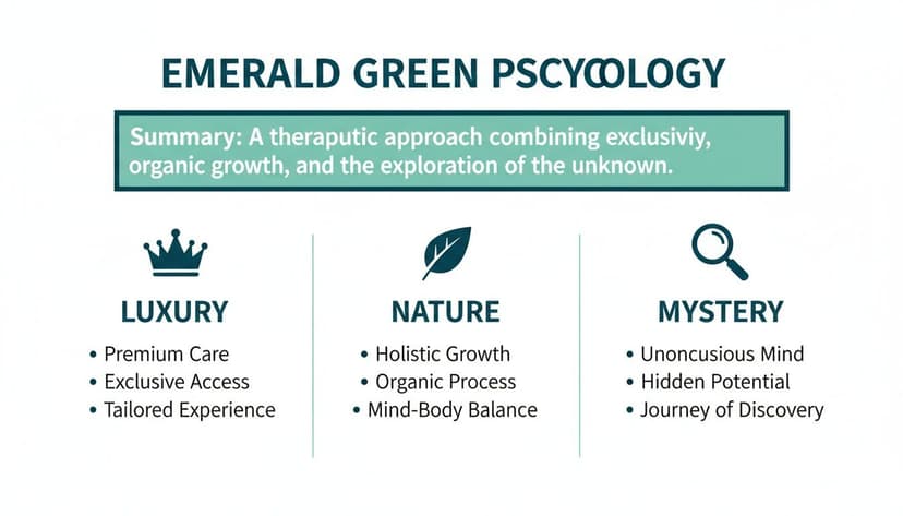 A graphic explaining Emerald Green Psychology with its summary and key pillars: Luxury, Nature, and Mystery.