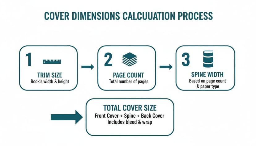 Flowchart illustrating the step-by-step process for calculating book cover dimensions using trim size, page count, and spine width.