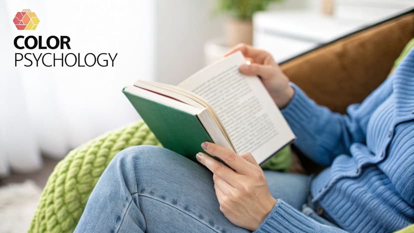 A person in blue clothing reading a book with a green cover on a couch, about color psychology.