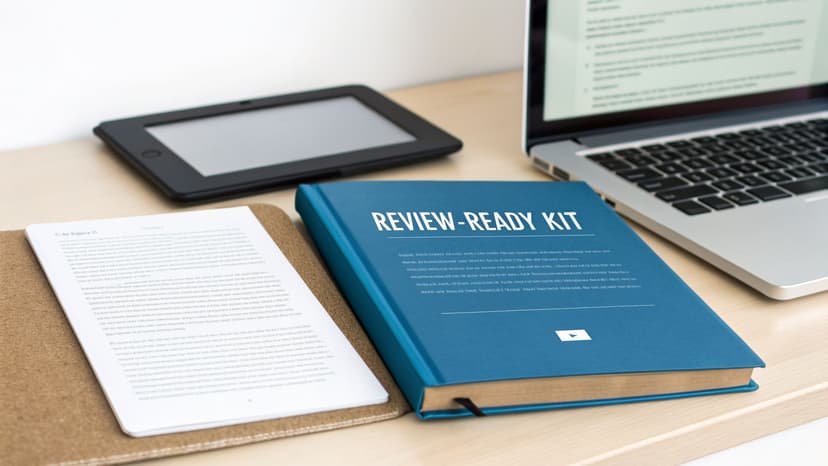 A desk with a blue "REVIEW-READY KIT" book, a laptop, an e-reader, and an open notebook.