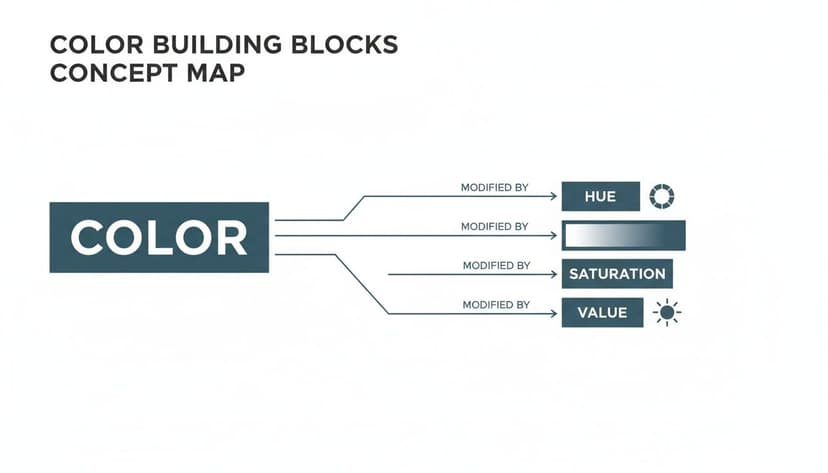 Concept map illustrating color building blocks: hue, saturation, and value, with icons.