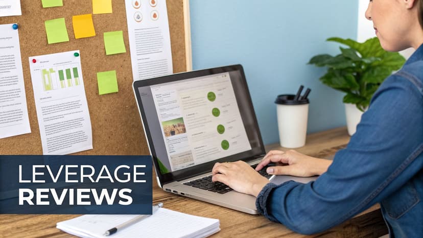 A person works on a laptop displaying data, with a cork board, notes, and 'LEVERAGE REVIEWS' text.