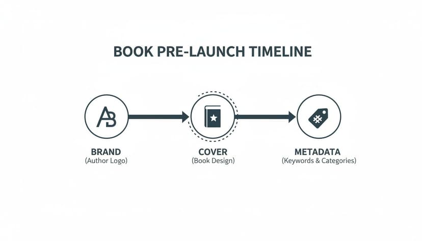 Book pre-launch timeline showing steps: brand (author logo), cover design, and metadata (keywords & categories).