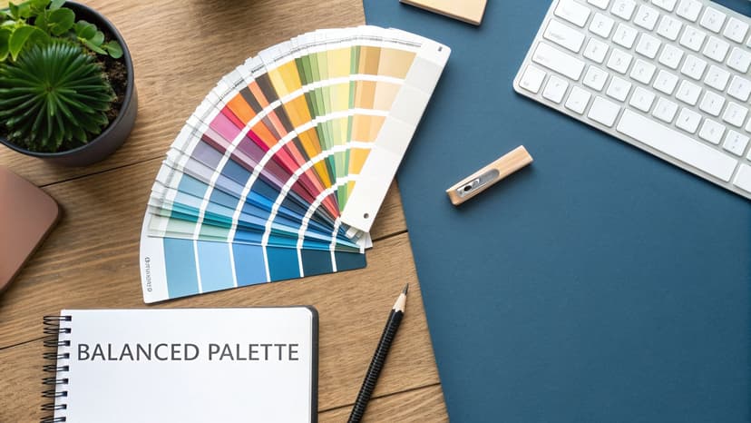 Overhead shot of a vibrant color palette fan, keyboard, and "BALANCED PALETTE" notebook on a desk.