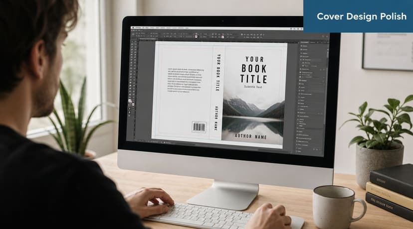 A graphic designer working on a book cover design project on a desktop computer at his desk.